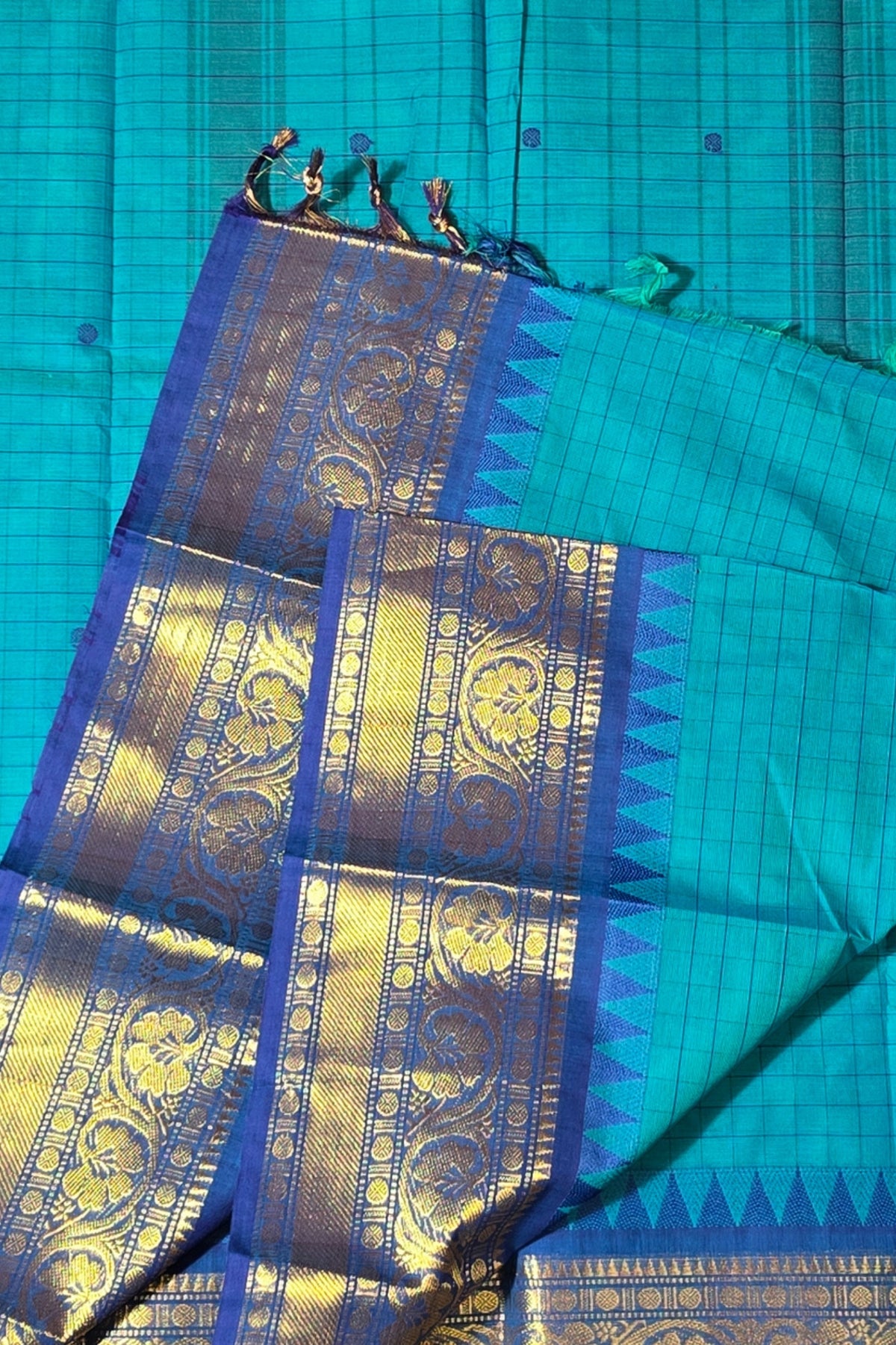 Elegant Light Blue Checked Cotton Saree with Blue Border