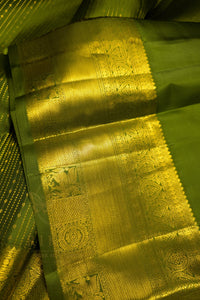 Green saree with gold zari border showcasing intricate gold detailing and rich green fabric.
