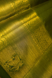 Green saree with gold zari border, showcasing intricate gold detailing and luxurious texture, perfect for ethnic occasions.