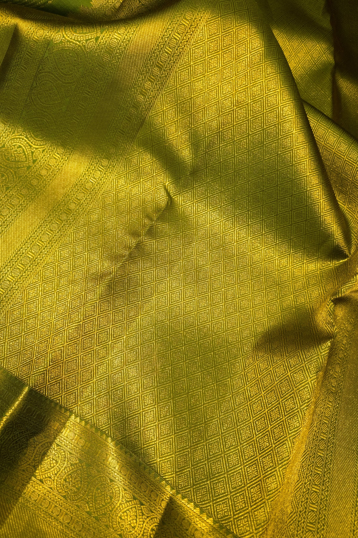 green saree with gold zari border showcasing intricate gold zari design on rich green fabric