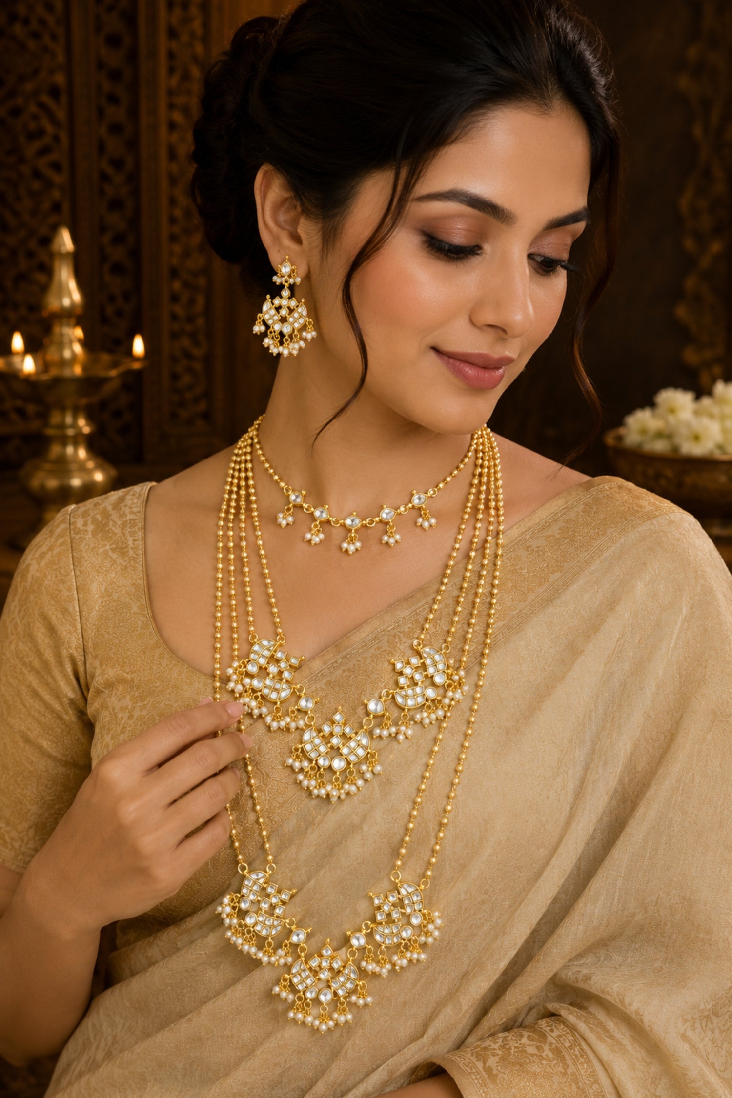 Gold-plated Jadau Kundan necklace and matching earrings set displayed on a mannequin bust.