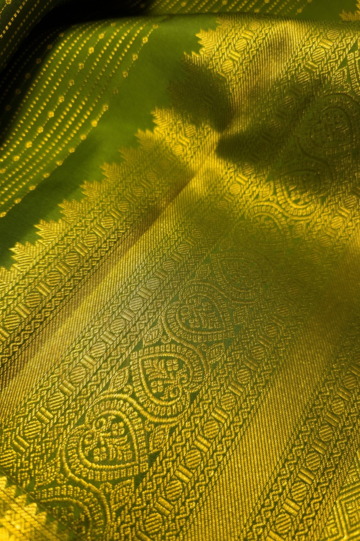 Close-up of green saree with gold zari border showcasing intricate patterns and luxurious texture.