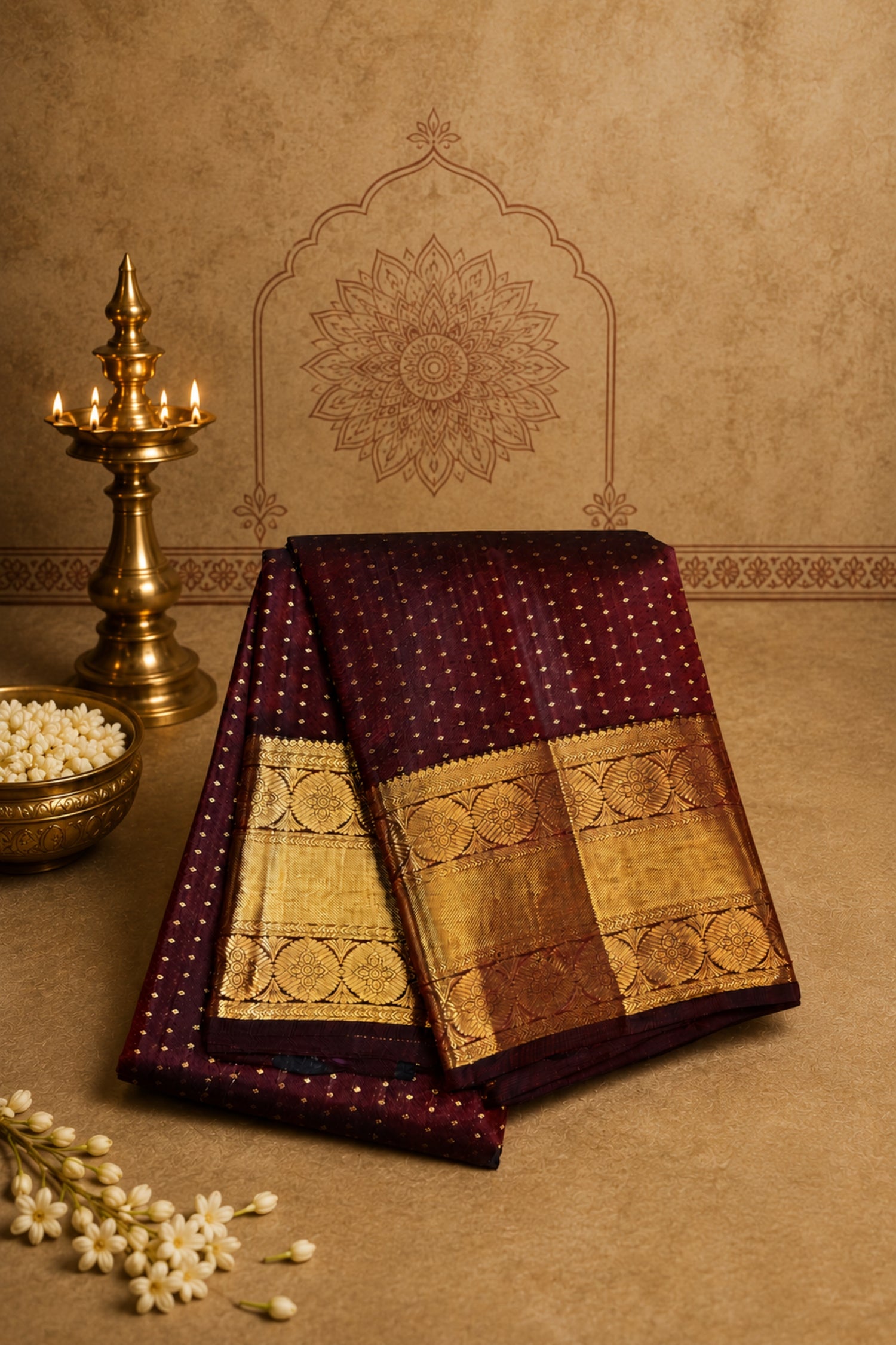 Traditional saree with gold patterns on a brown background