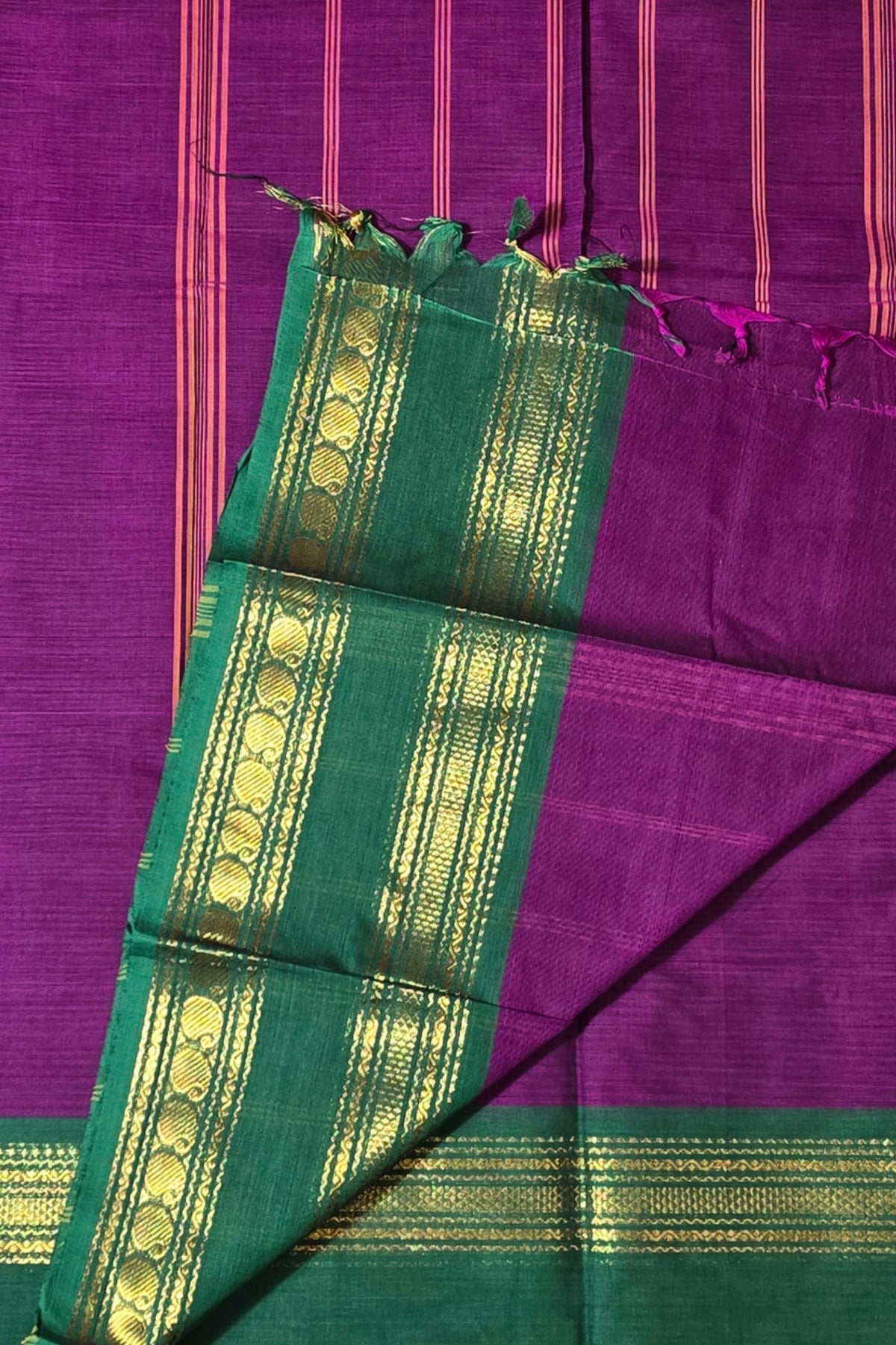 Elegant Purple Cotton Saree with Green Border