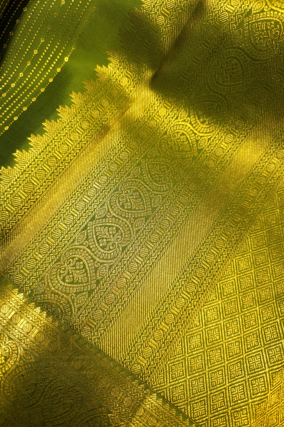 Close-up of green saree with gold zari border showcasing intricate gold zari designs and patterns.