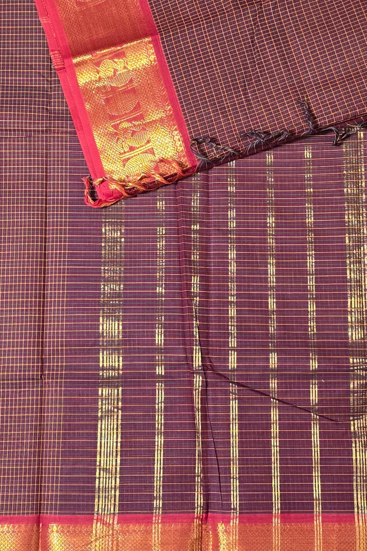 Classic Brown Check Cotton Saree with Gold & Maroon Border