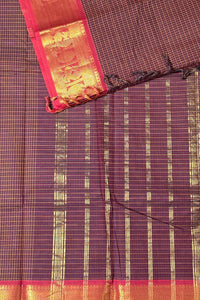 Classic Brown Check Cotton Saree with Gold & Maroon Border