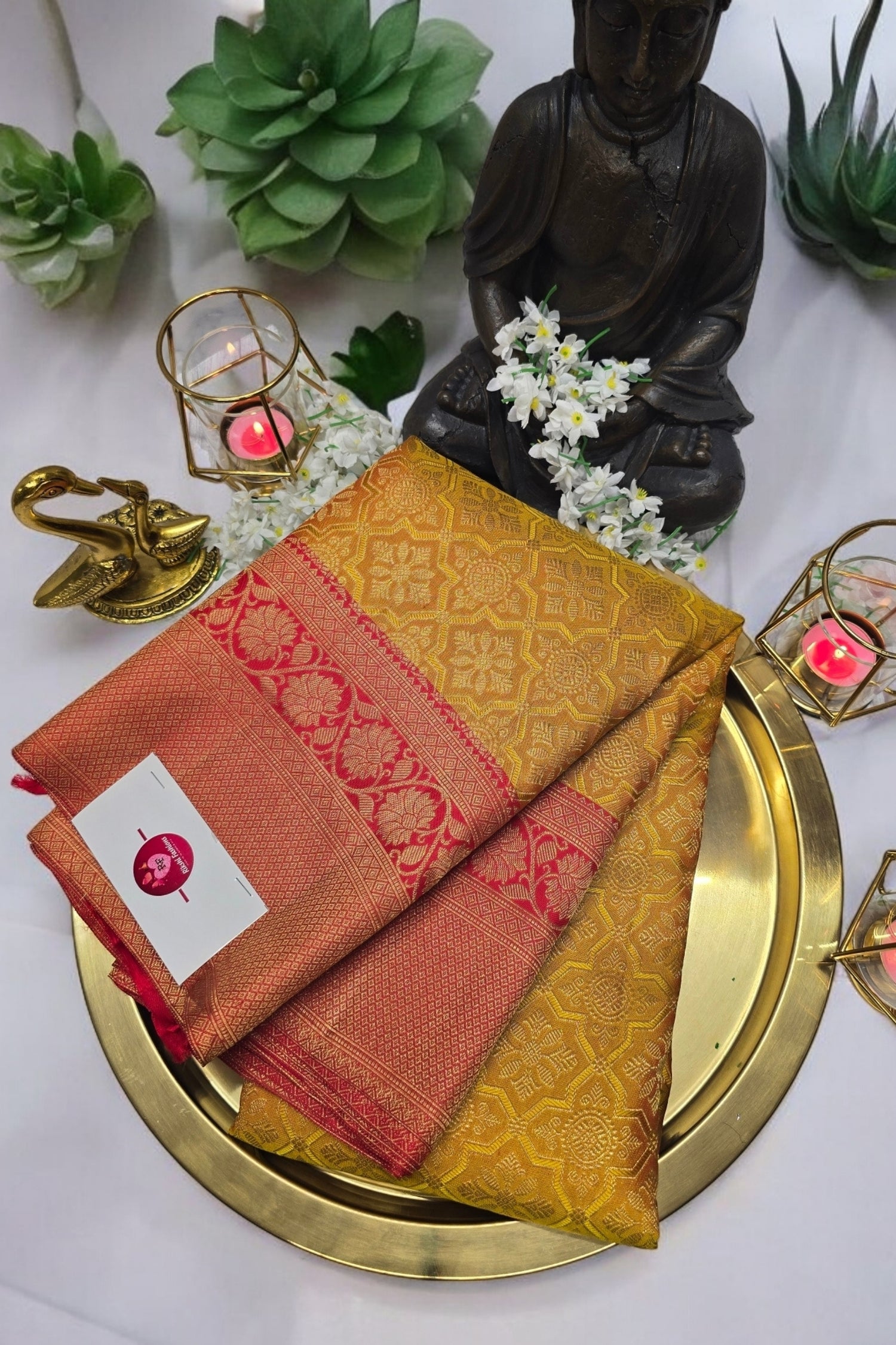 Exquisite Gold Kanchipuram Silk Saree with Regal Red Border