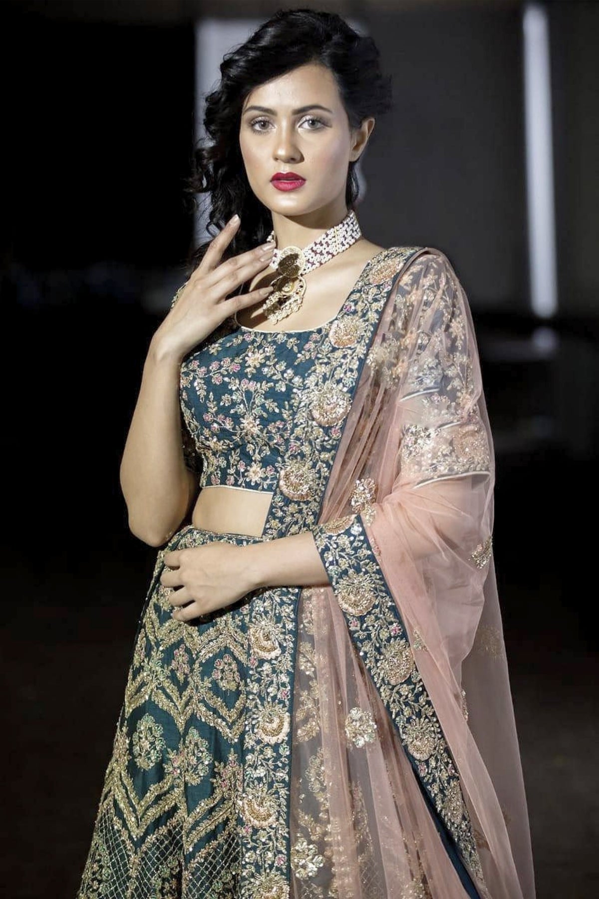 Teal Blue Bridal Lehenga with All-Over Embroidery & Sequin Work