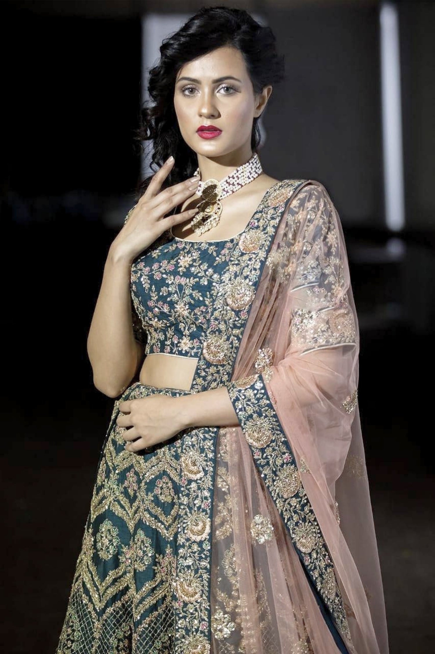 Teal Blue Bridal Lehenga with All-Over Embroidery & Sequin Work