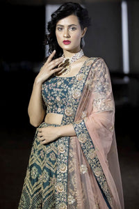 Teal Blue Bridal Lehenga with All-Over Embroidery & Sequin Work