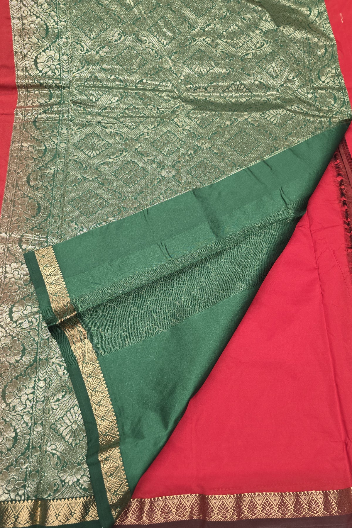 Red with Green Semi Kanchi Silk Saree