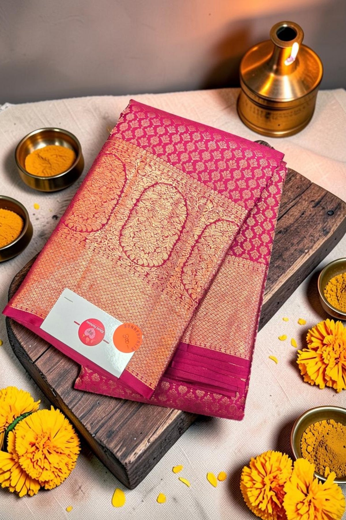 Traditional saree with a brand label on a wooden board surrounded by decorative items.