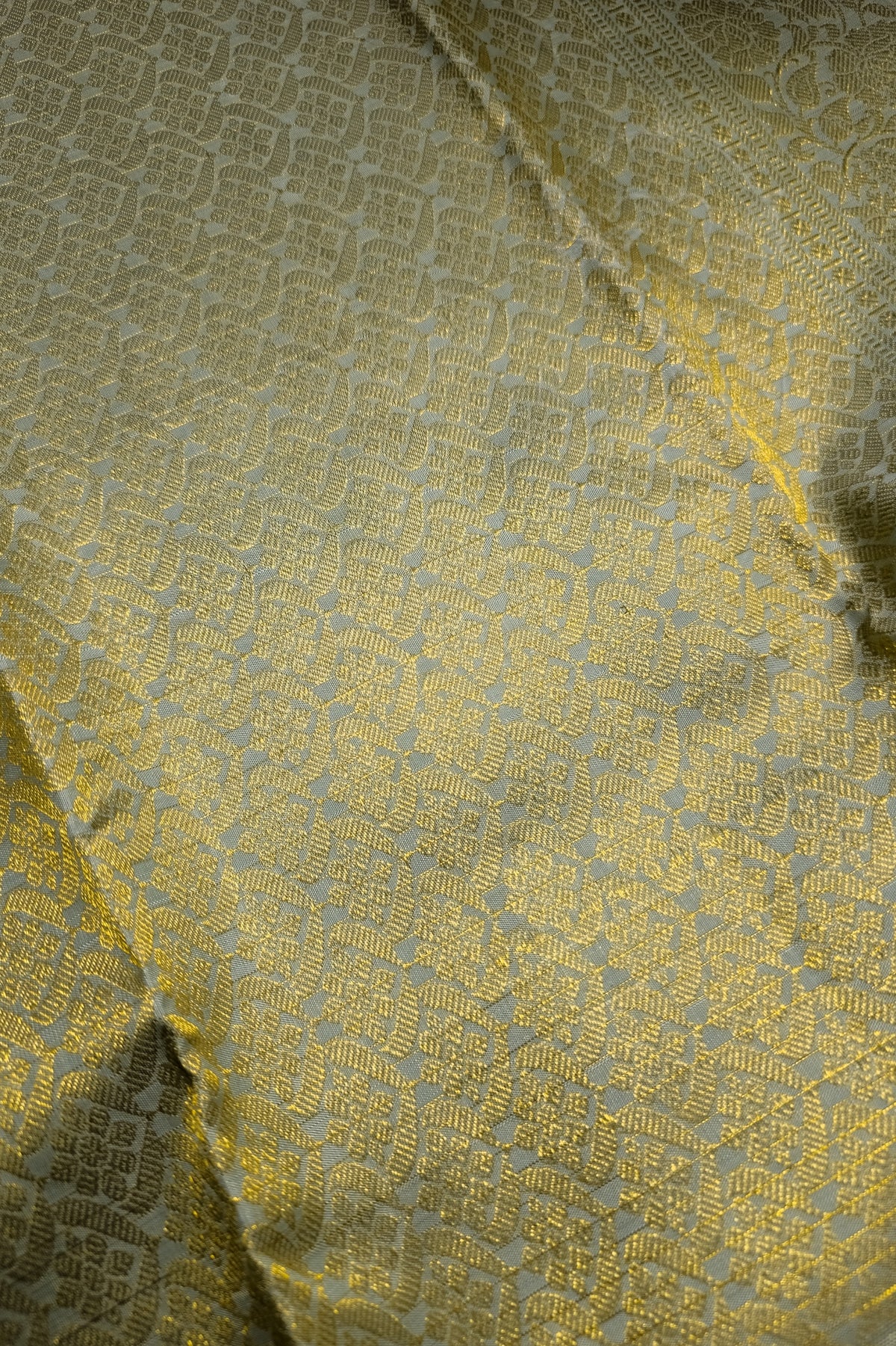 Light sage green silk saree with intricate wide ornate gold zari border detail.