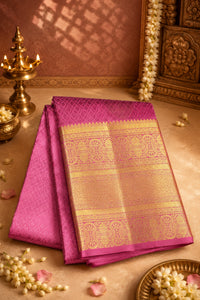 Pink and gold saree with decorative elements on a patterned background