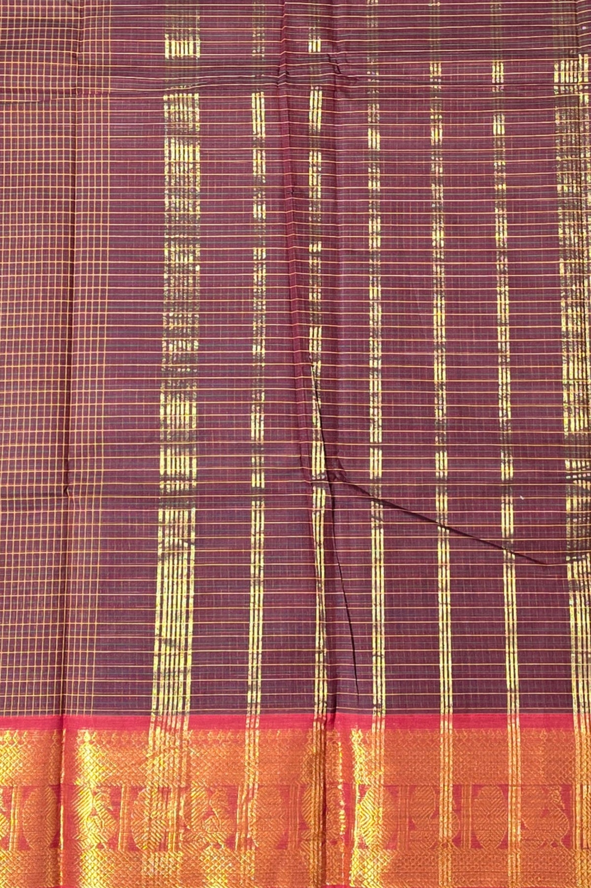 Classic Brown Check Cotton Saree with Gold & Maroon Border