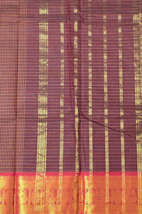 Classic Brown Check Cotton Saree with Gold & Maroon Border