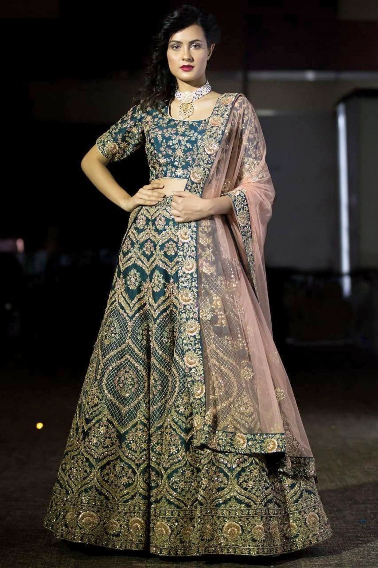 Teal Blue Bridal Lehenga with All-Over Embroidery & Sequin Work