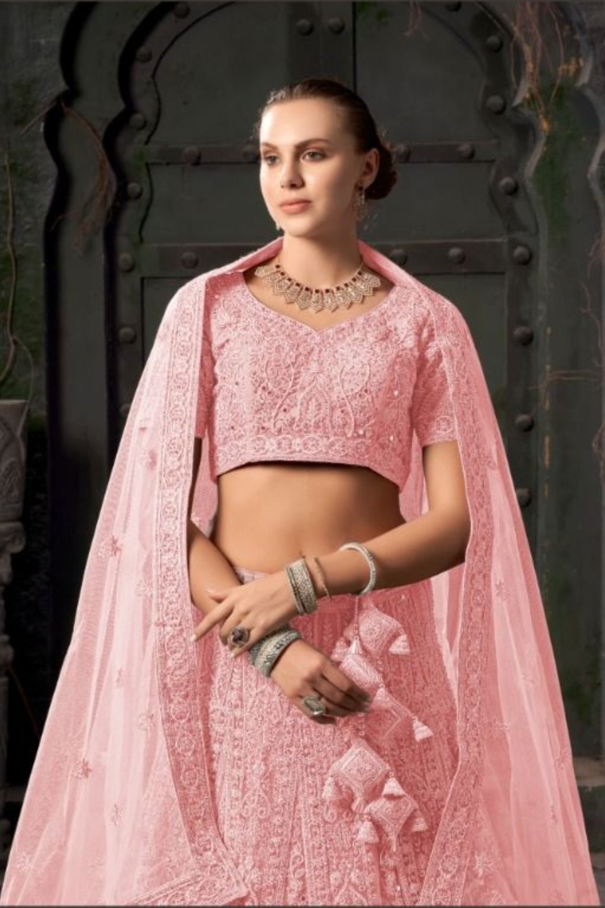 Anantesh Bridal Couture Net Lehenga Choli – Light Pink Elegance- pink