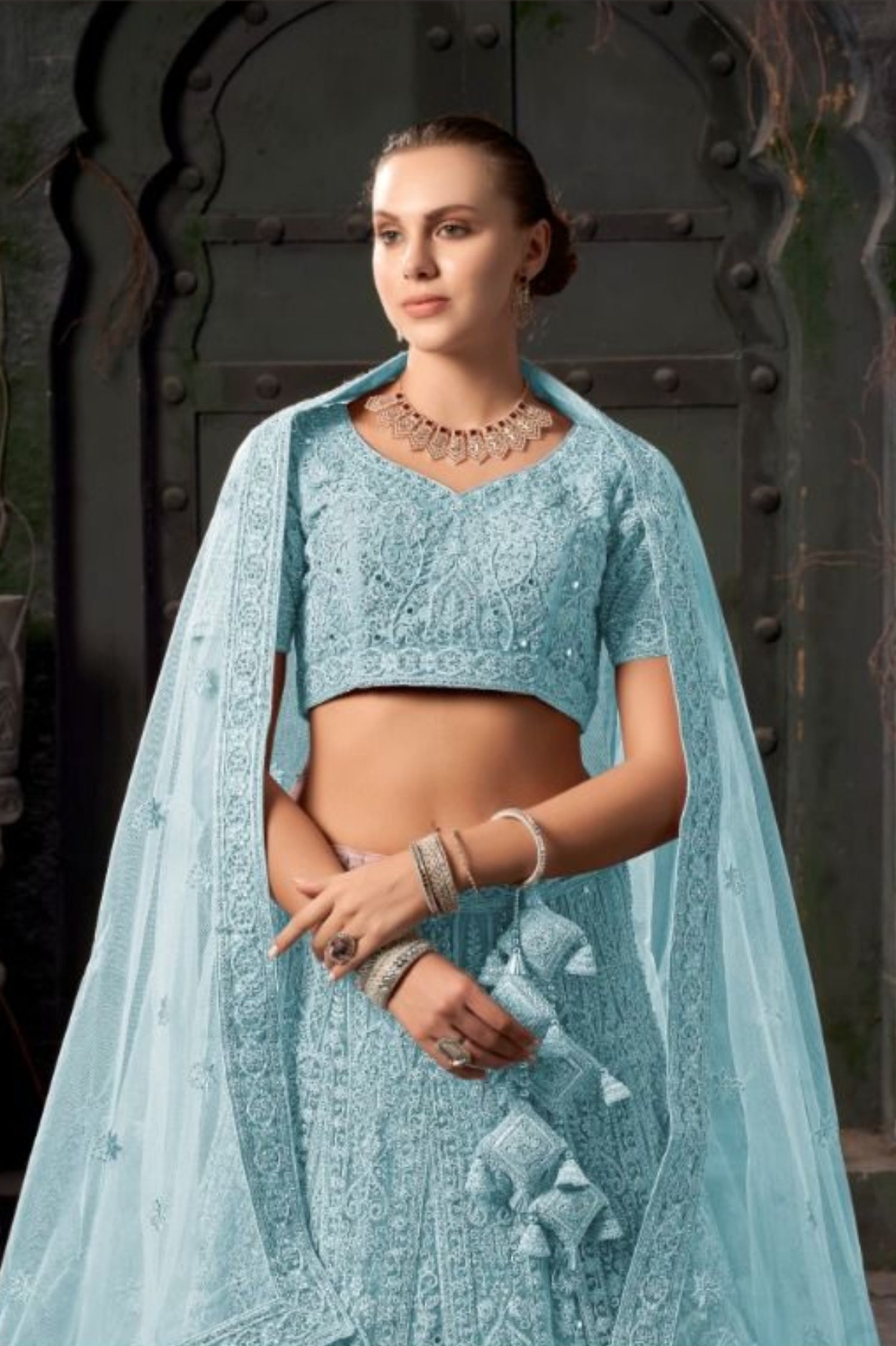  Light Blue Bridal Lehenga – Exquisite Full Work Net Embellishment-blue