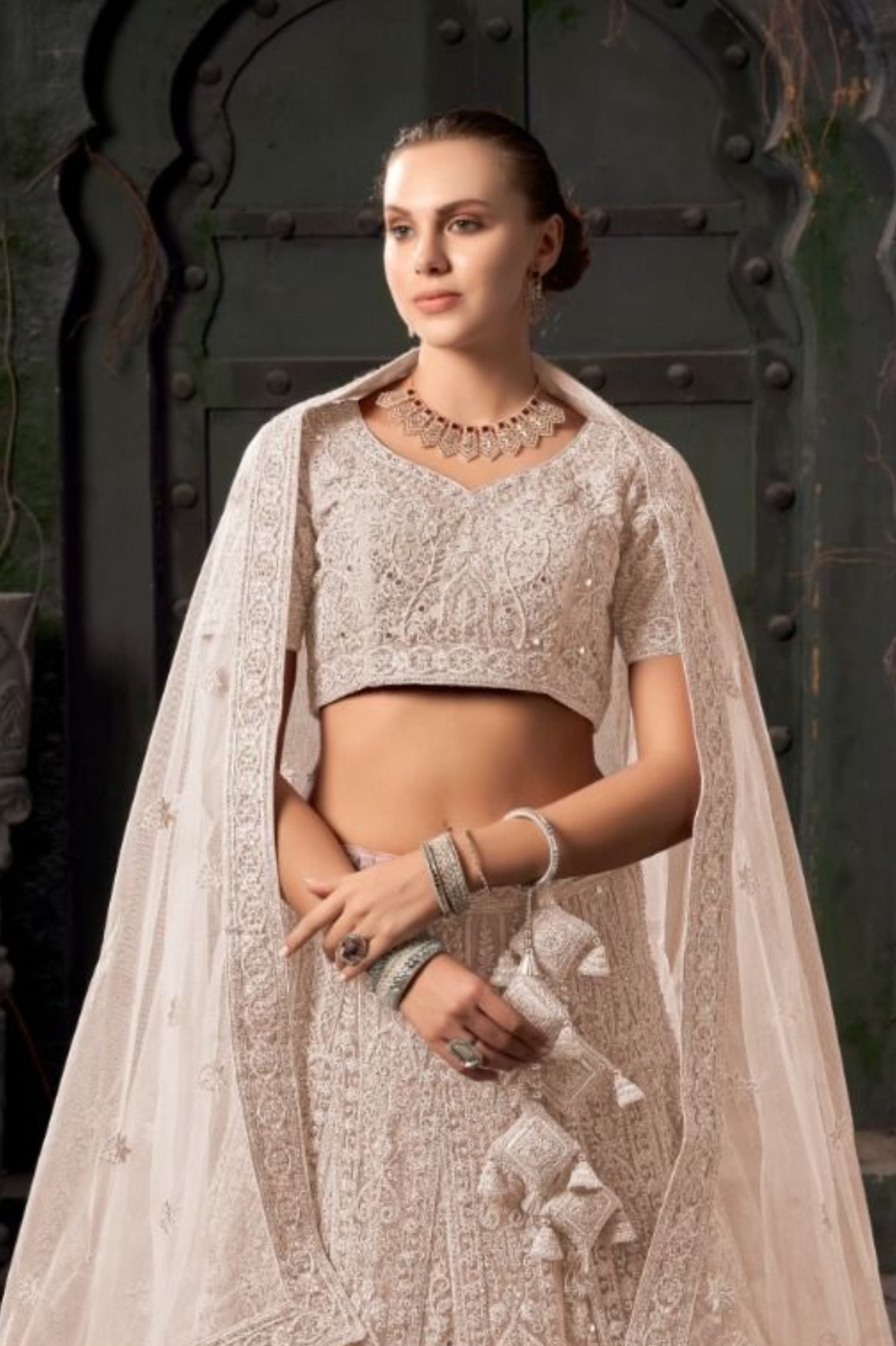 Cream Anantesh Bridal Couture Net Lehenga Choli – Timeless Elegance- cream color