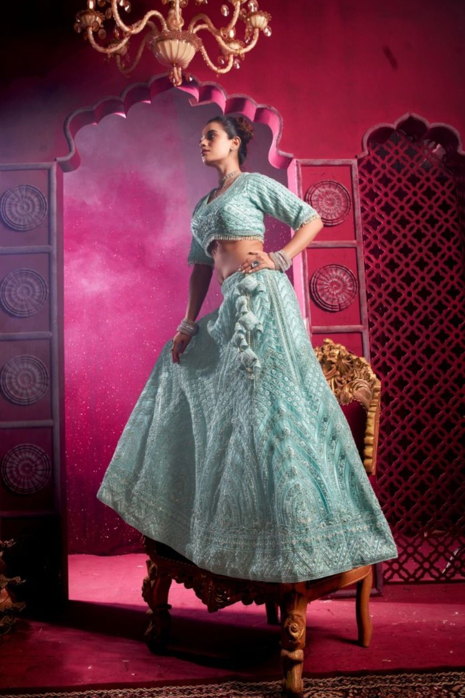 Light Blue Lifestyle Bridal  Net Mirror Lehenga Cholis