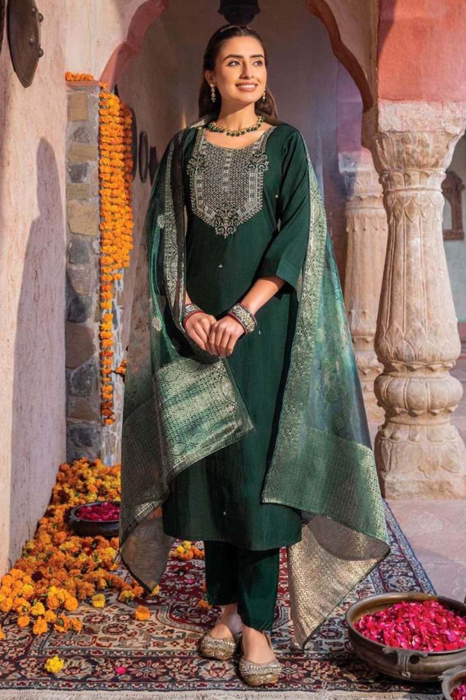 Elegant Green Embroidered Handwork Viscose Salwar Suit