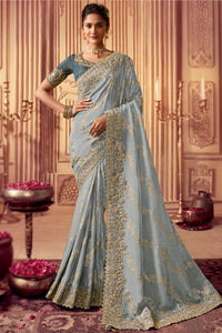 Ash Grey Silk Embroidered Saree