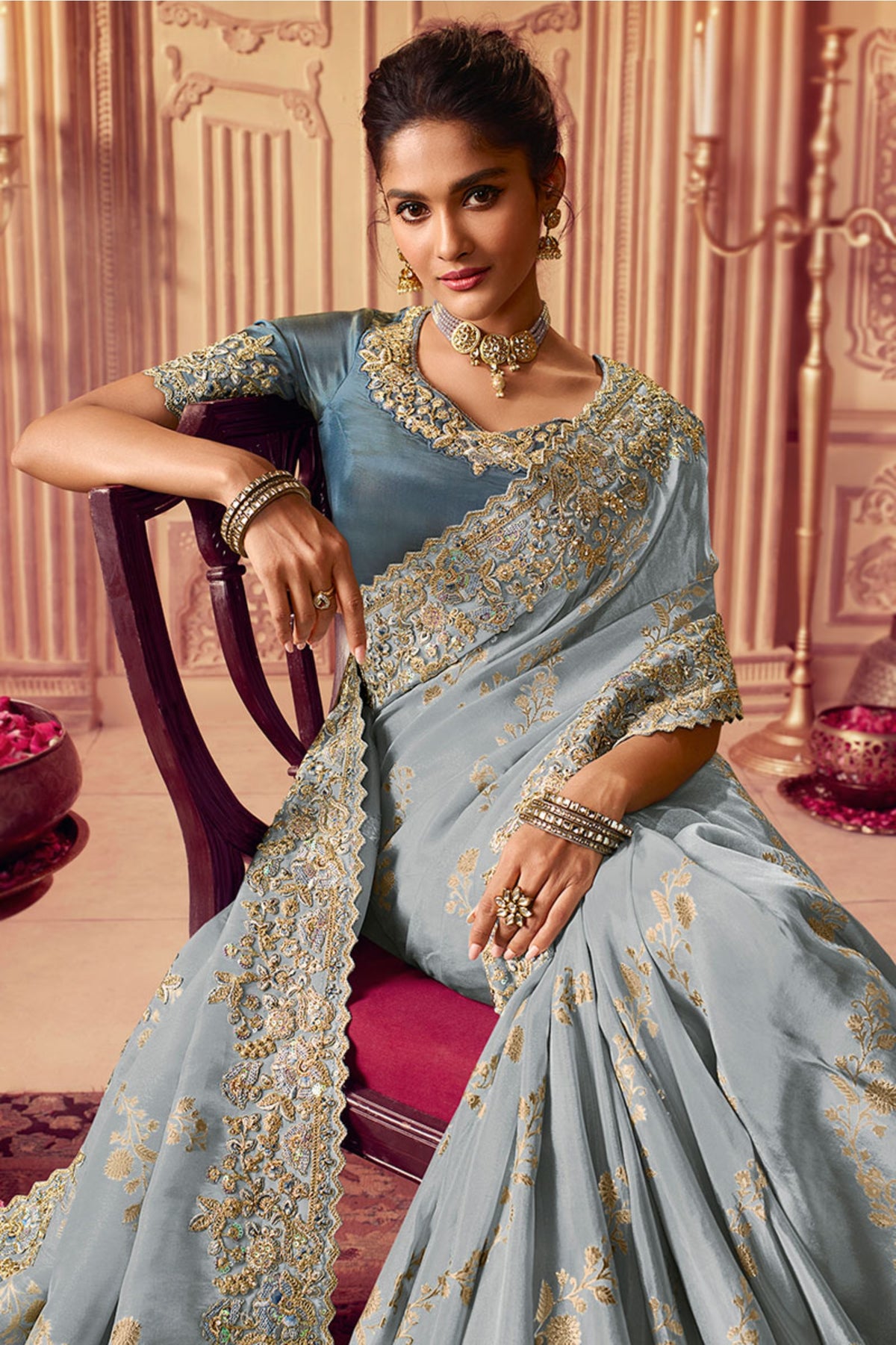 Ash Grey Silk Embroidered Saree