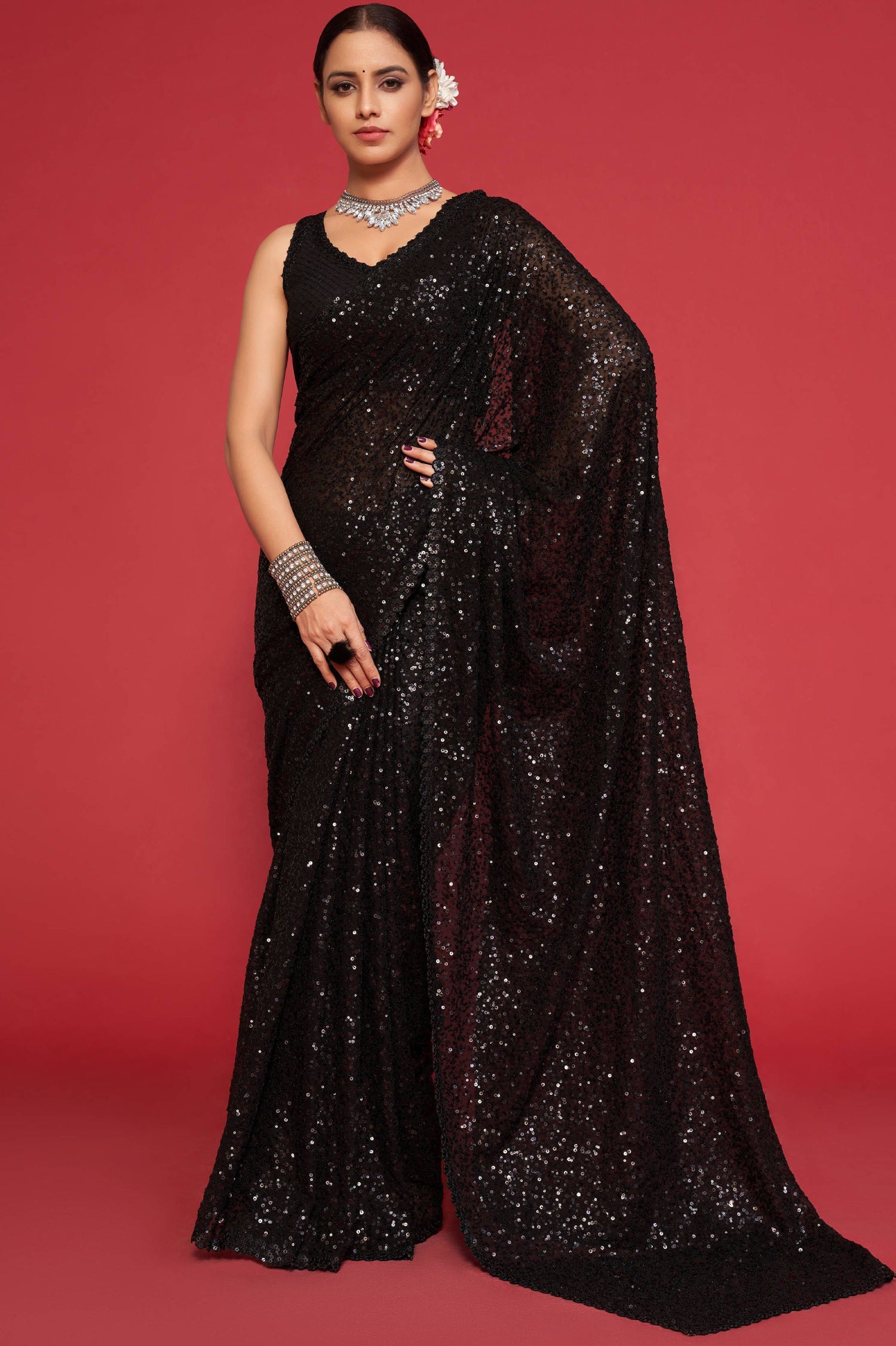 Black Georgette Party Wear Saree with Full Sequin Embellishments