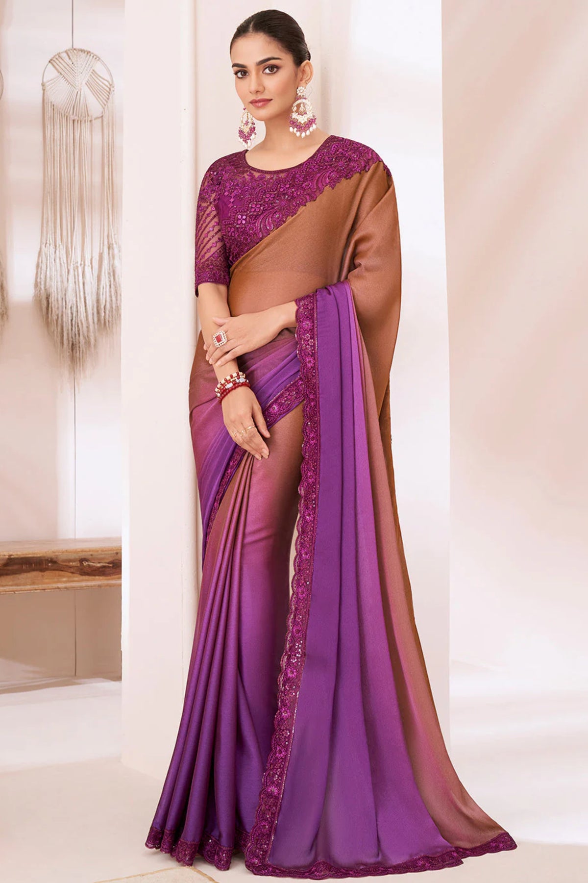 Elegant Brown & Purple Designer Saree