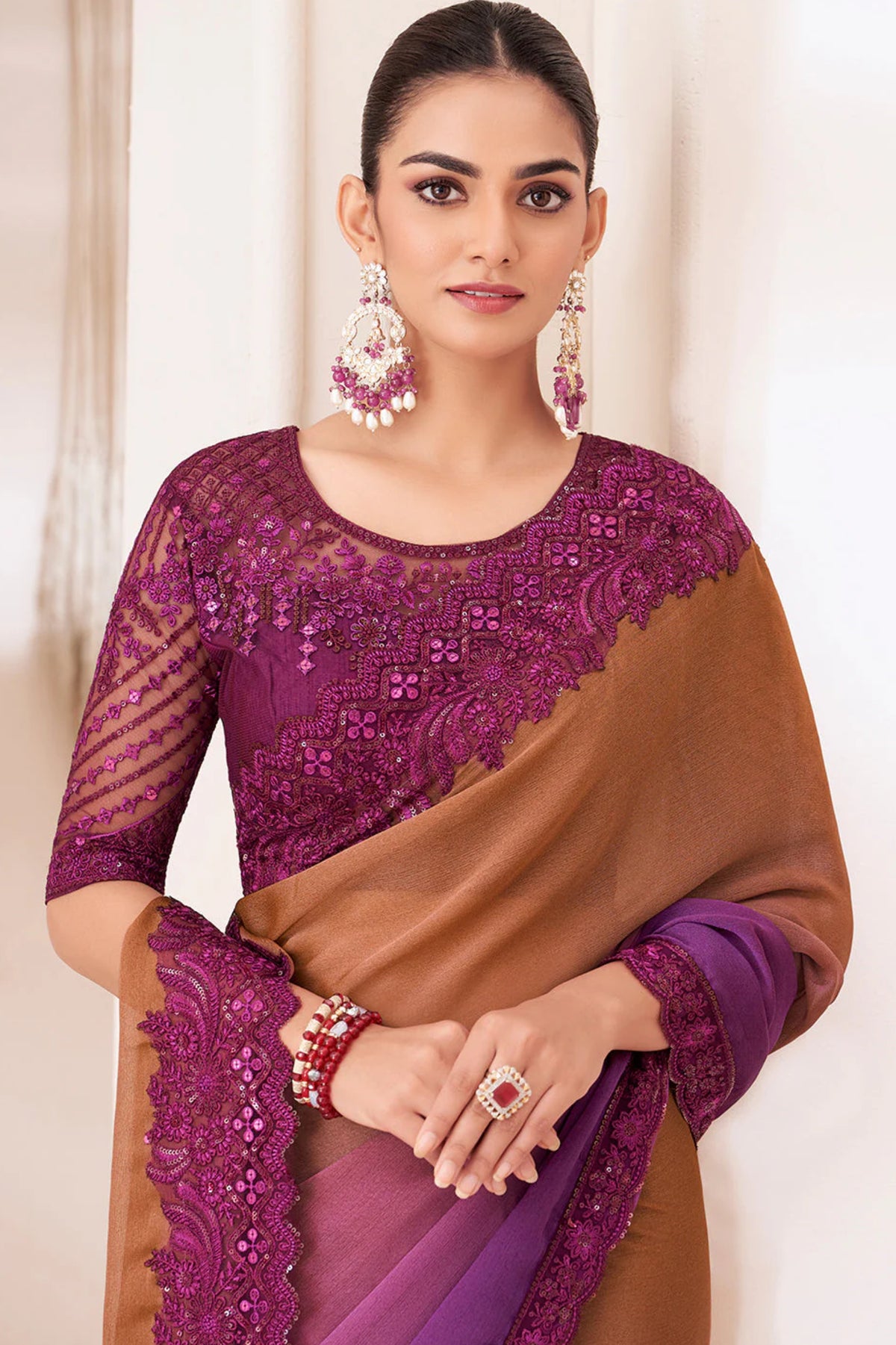 Elegant Brown & Purple Designer Saree