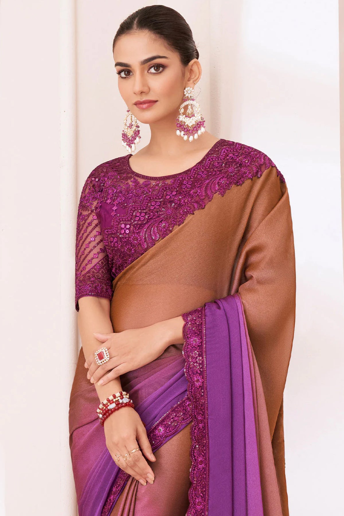 Elegant Brown & Purple Designer Saree