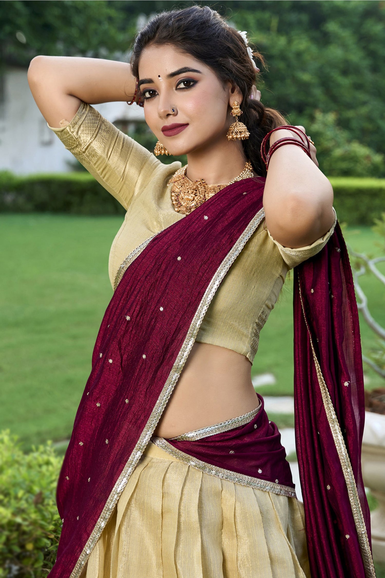 Cream Beige Silk Woven Zari Flared Style Lehenga