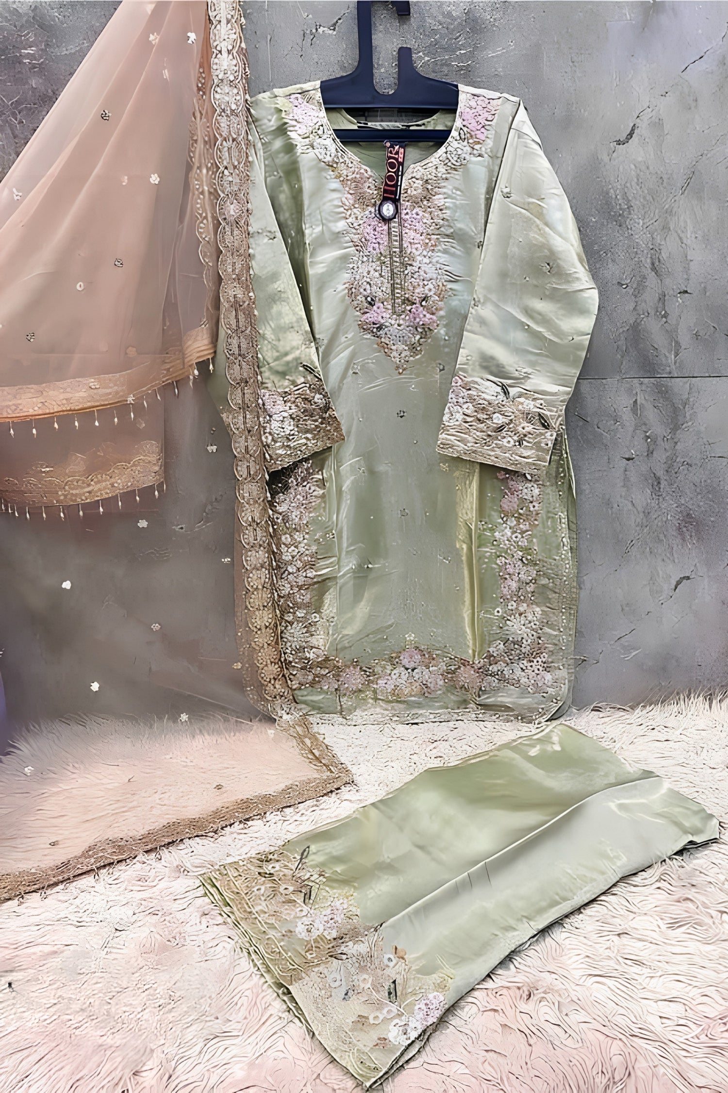 Light green embroidered traditional outfit with a pink dupatta on a textured surface.