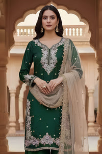 Dark Green Embroidered Traditional Suit Set with Net Dupatta