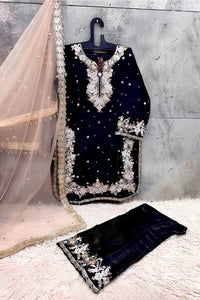 Black Embroidered Traditional Suit Set with Net Dupatta