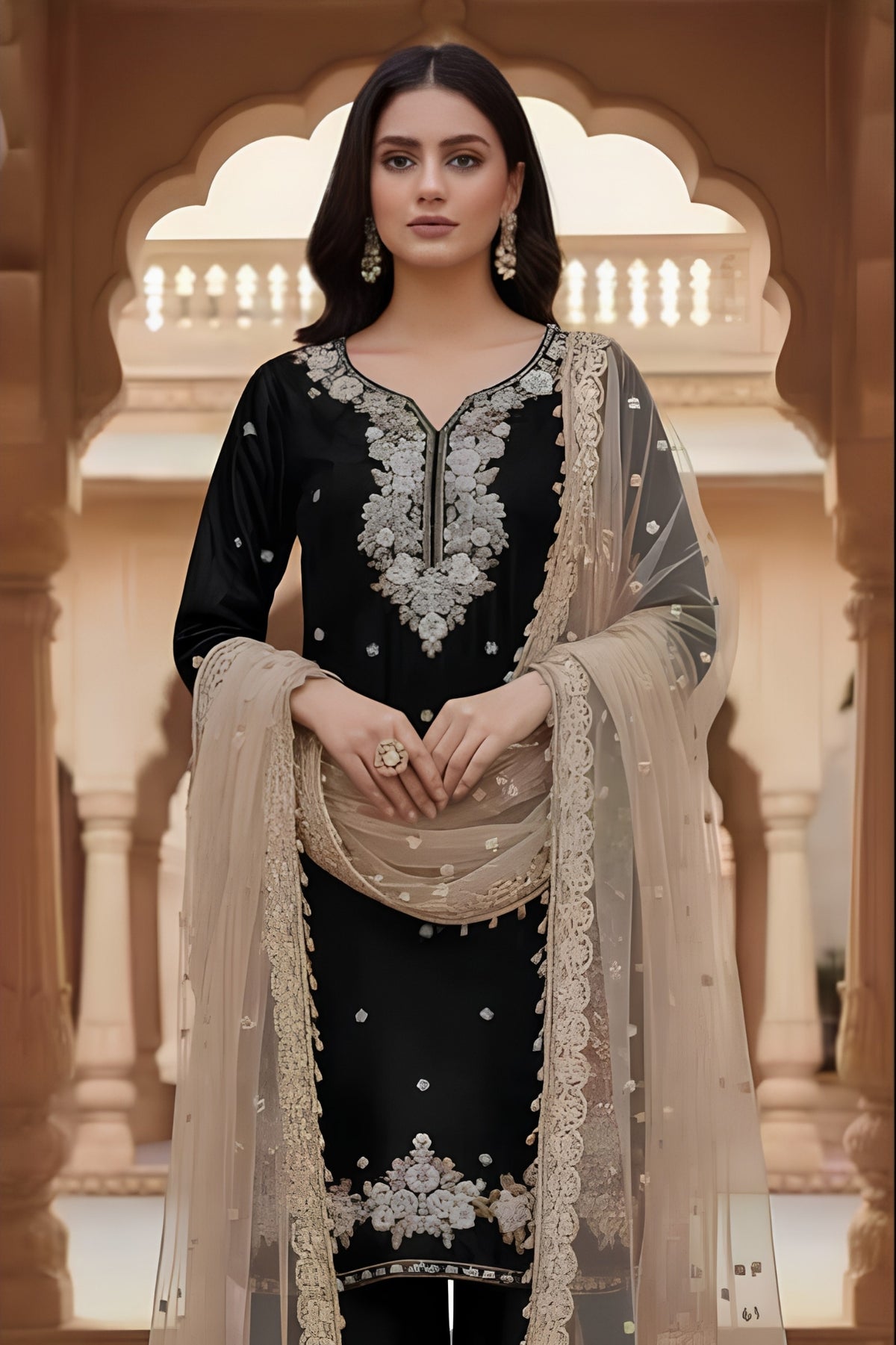 Black Embroidered Traditional Suit Set with Net Dupatta