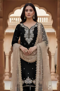 Black Embroidered Traditional Suit Set with Net Dupatta