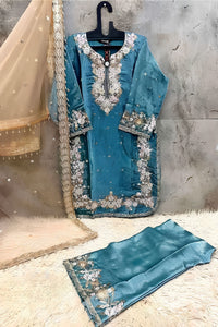 Light Blue Embroidered Traditional Suit Set with Net Dupatta