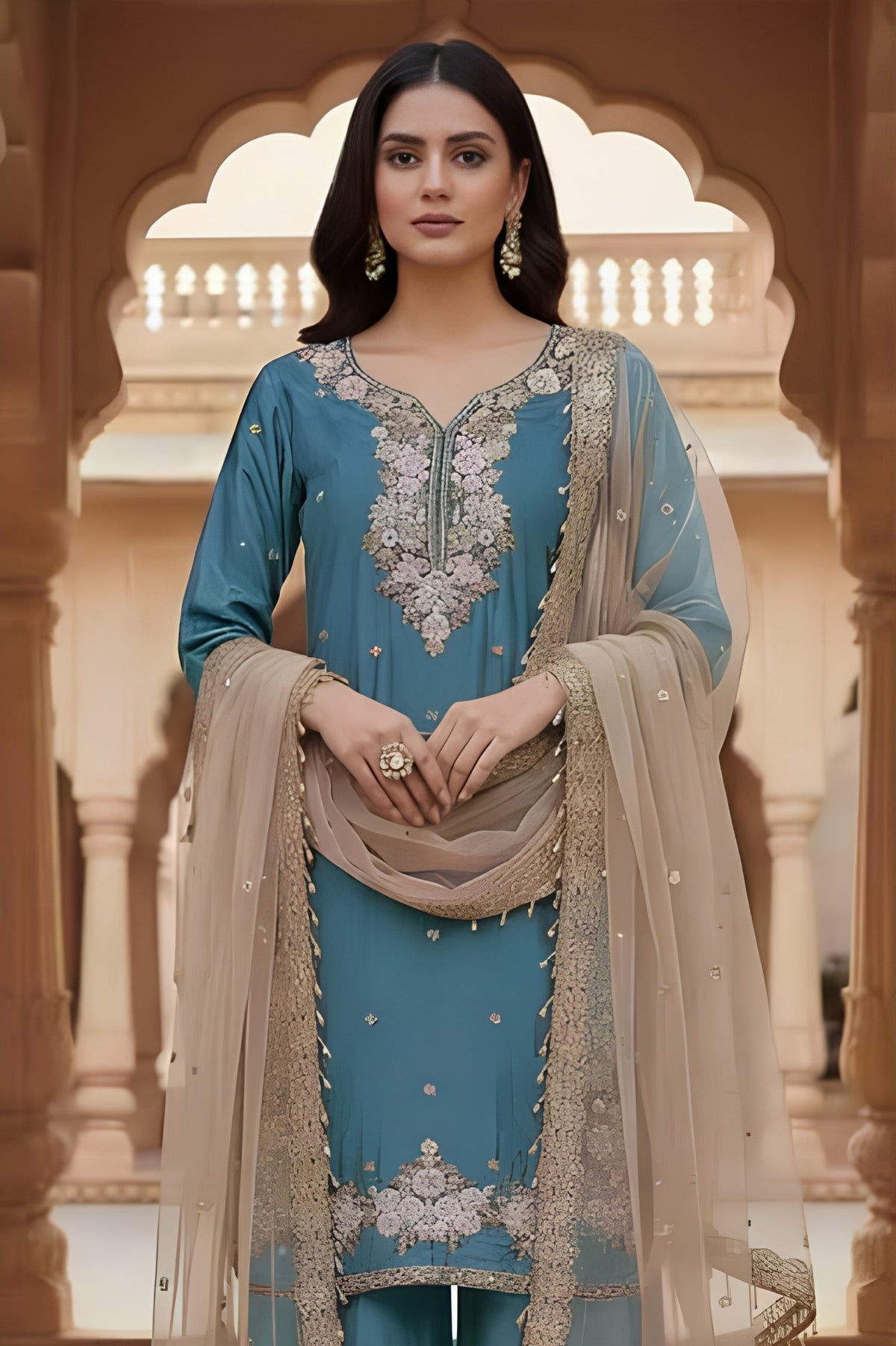 Light Blue Embroidered Traditional Suit Set with Net Dupatta
