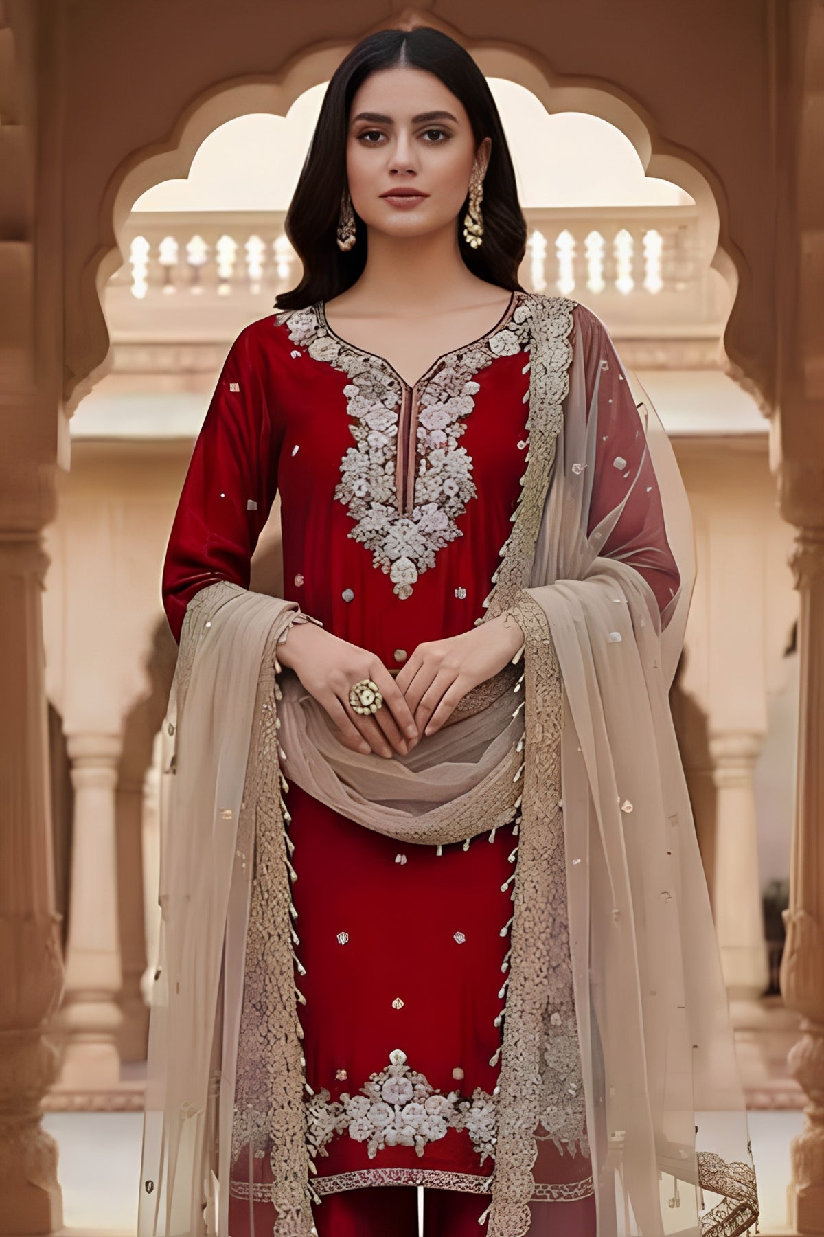 Red Embroidered Traditional Suit Set with Net Dupatta