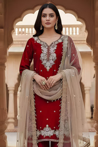 Red Embroidered Traditional Suit Set with Net Dupatta
