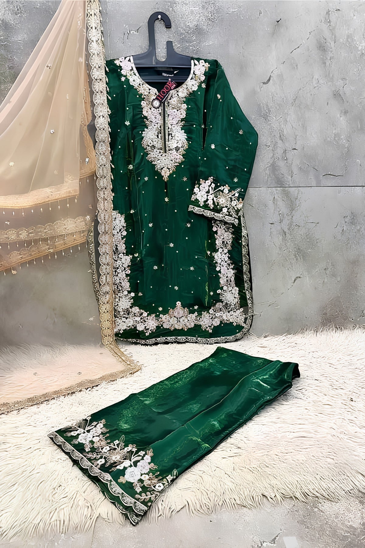 Dark Green Embroidered Traditional Suit Set with Net Dupatta