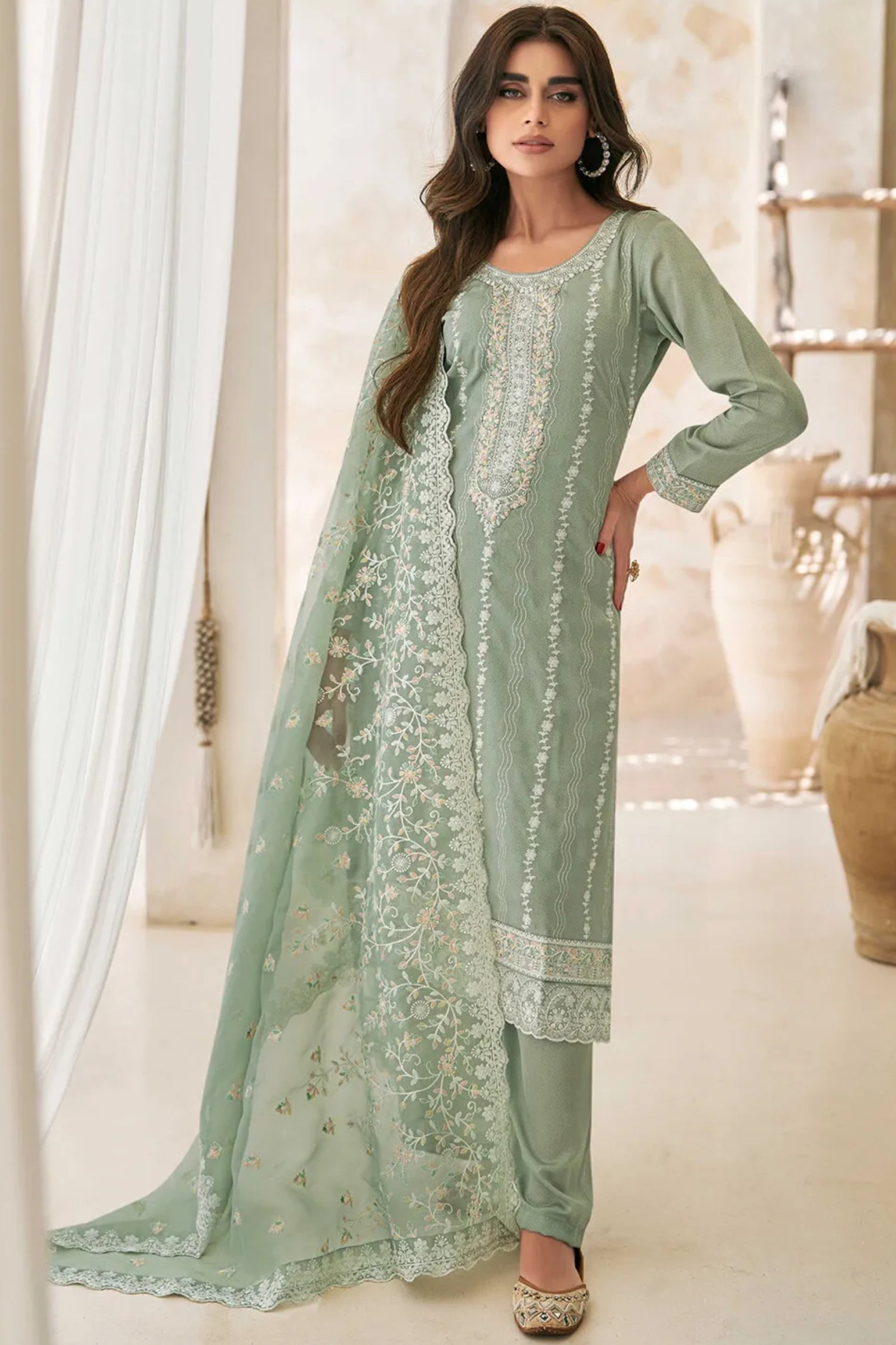 Embroidered Art Silk Pakistani Suit in Dusty Green