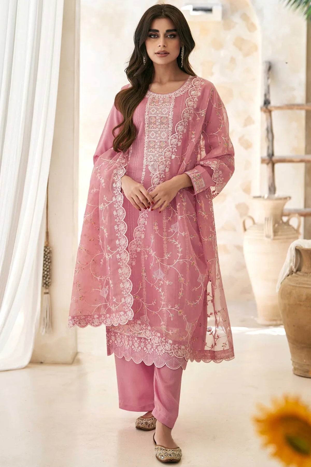 Embroidered Art Silk Pakistani Suit in Pink