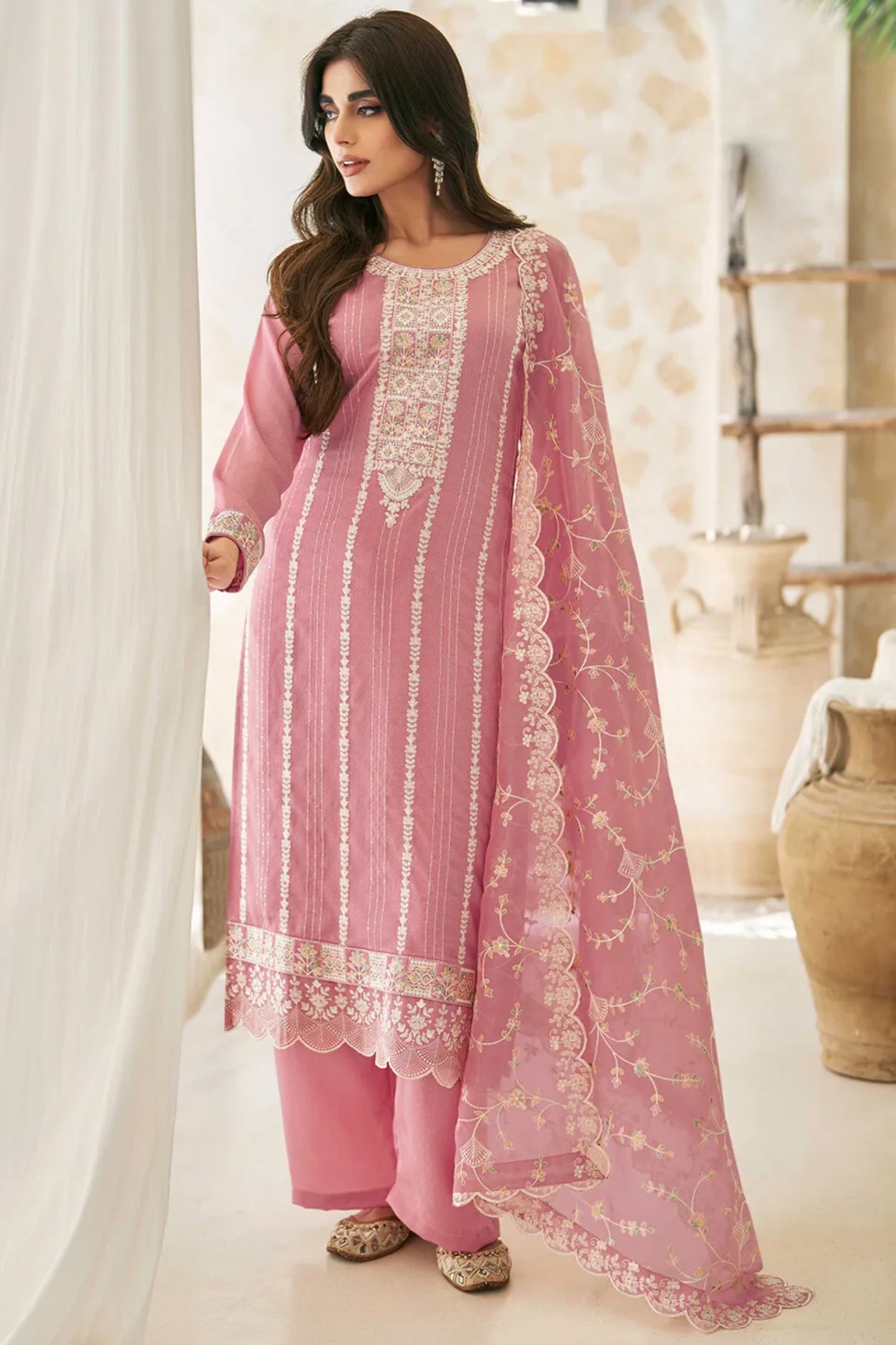 Embroidered Art Silk Pakistani Suit in Pink