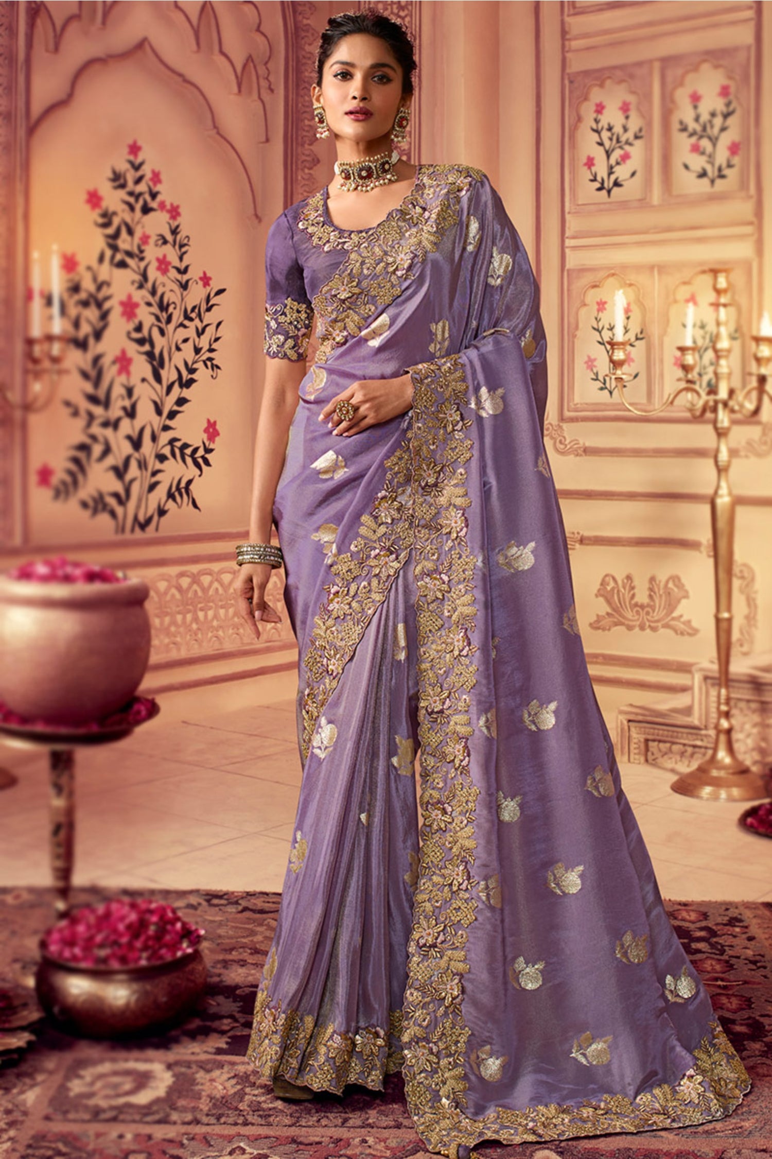 Embroidered Silk Lavender Purple Saree