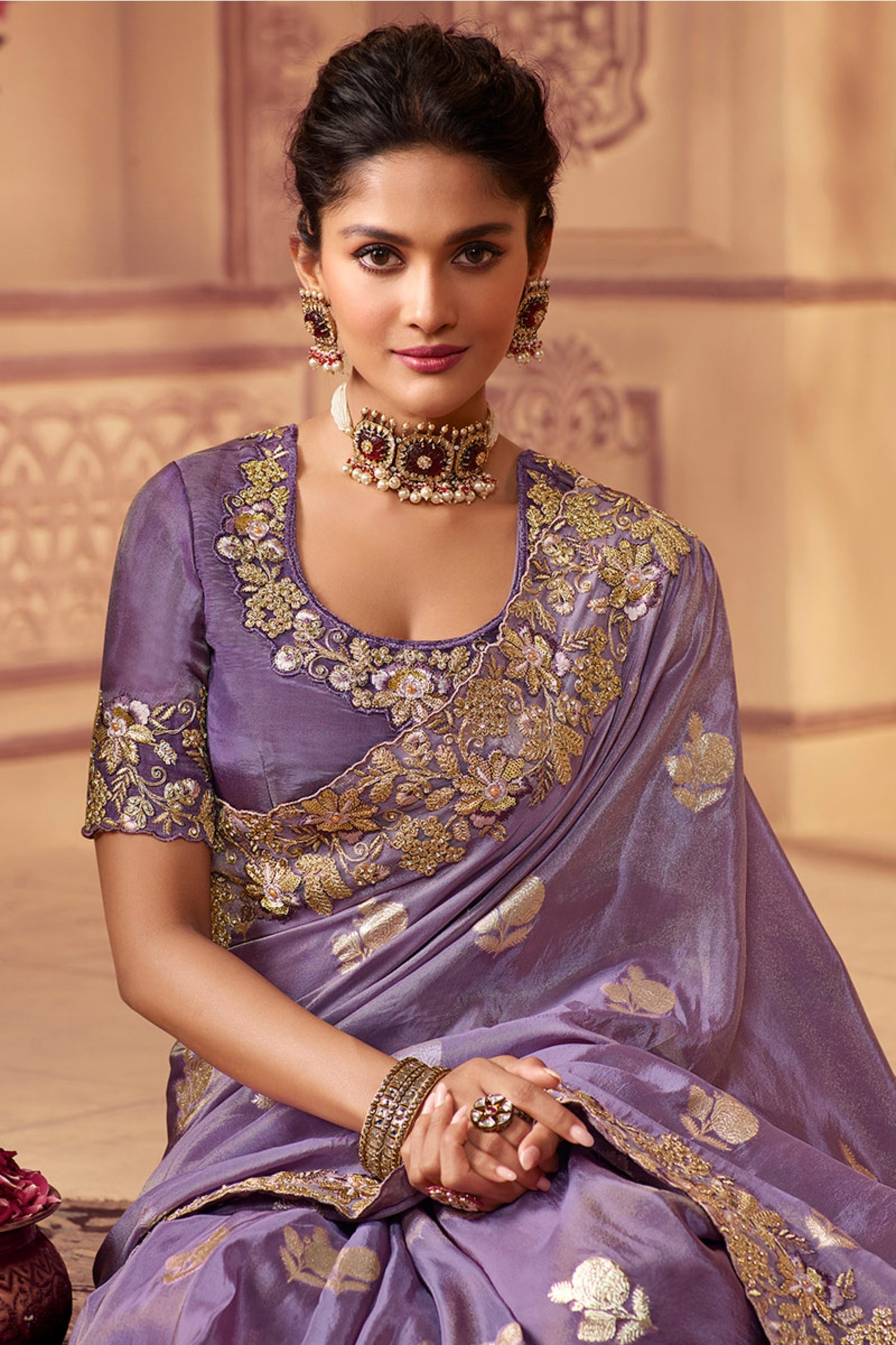 Embroidered Silk Lavender Purple Saree