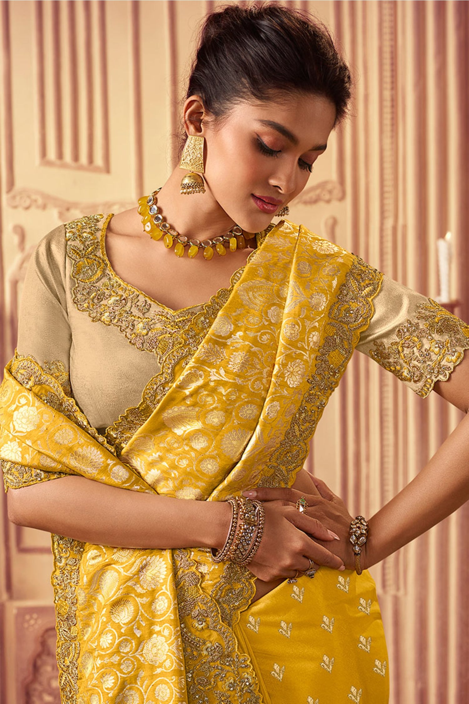 Embroidered Silk Mustard Yellow Saree